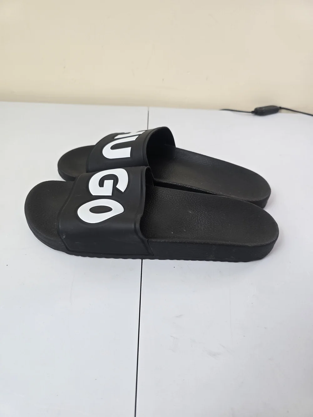 HUGO Black Slide Sandals with White Logo
